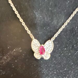 Elegant 925 Sterling Silver Butterfly Necklace with Pink Gem and CZ Wings.